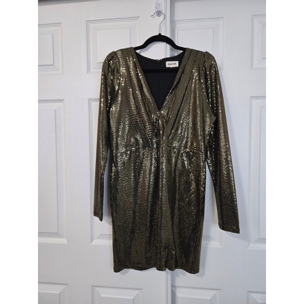 Open Edit M Womens Gold Metallic Sequin Long Sleeve V-Neck Mini Dress Holiday